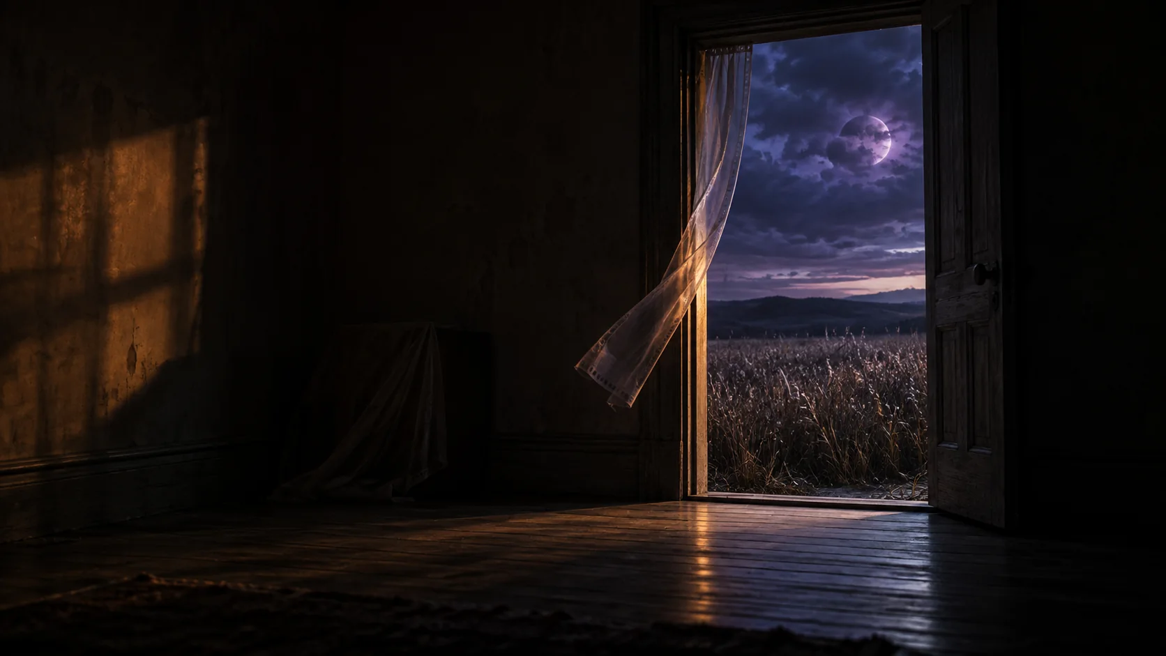 An open doorway from a dark room onto a violet field beneath a moonlit sky