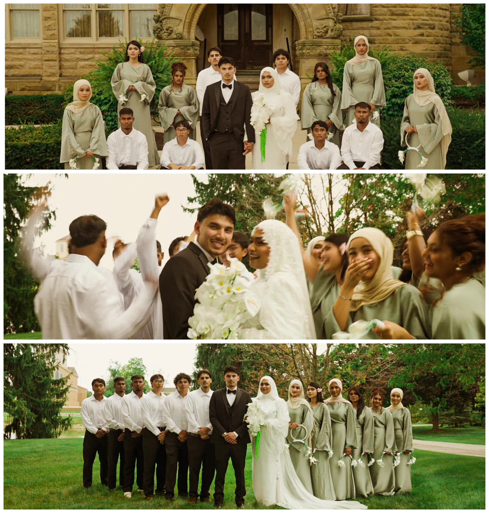 A collage of the couple, family, and wedding party