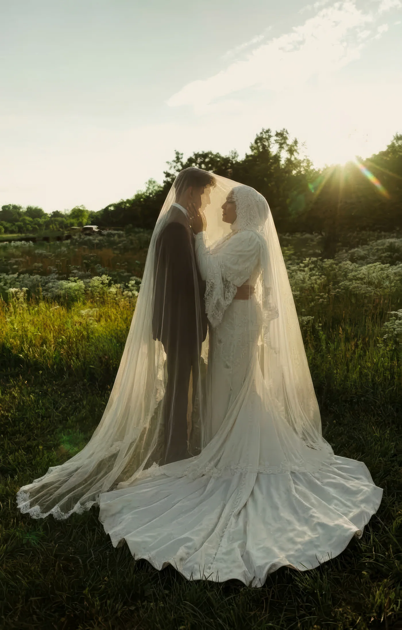 A bride seen from behind with her veil and train lit by the setting sun